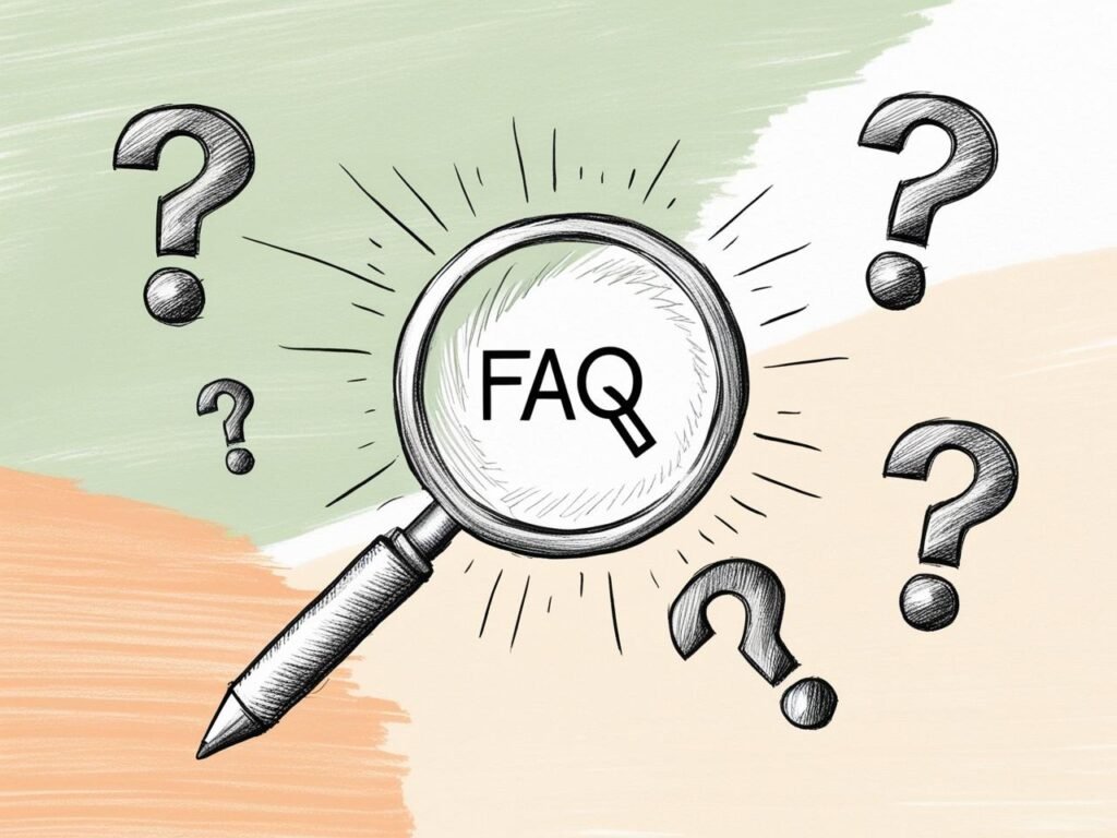 Illustration minimaliste d’une loupe avec des points d’interrogation, représentant la recherche d’informations pour la section FAQ de 2DPaie. Fond aux couleurs vert et orange de l’identité visuelle