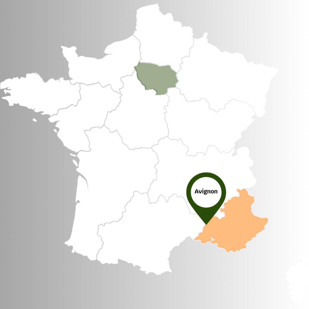 Carte de France avec PACA en orange et Paris en vert, représentant les zones d'intervention de 2DPaie.