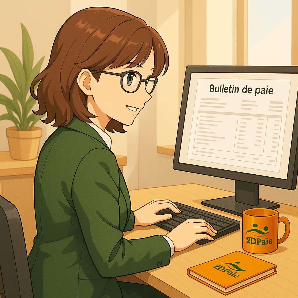 Gestionnaire de paie à temps partagé 2DPaie traitant un bulletin de paie sur ordinateur