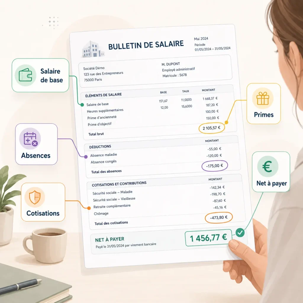 Bulletin de salaire annoté avec des repères sur le salaire de base, les primes, les absences, les cotisations et le net à payer.