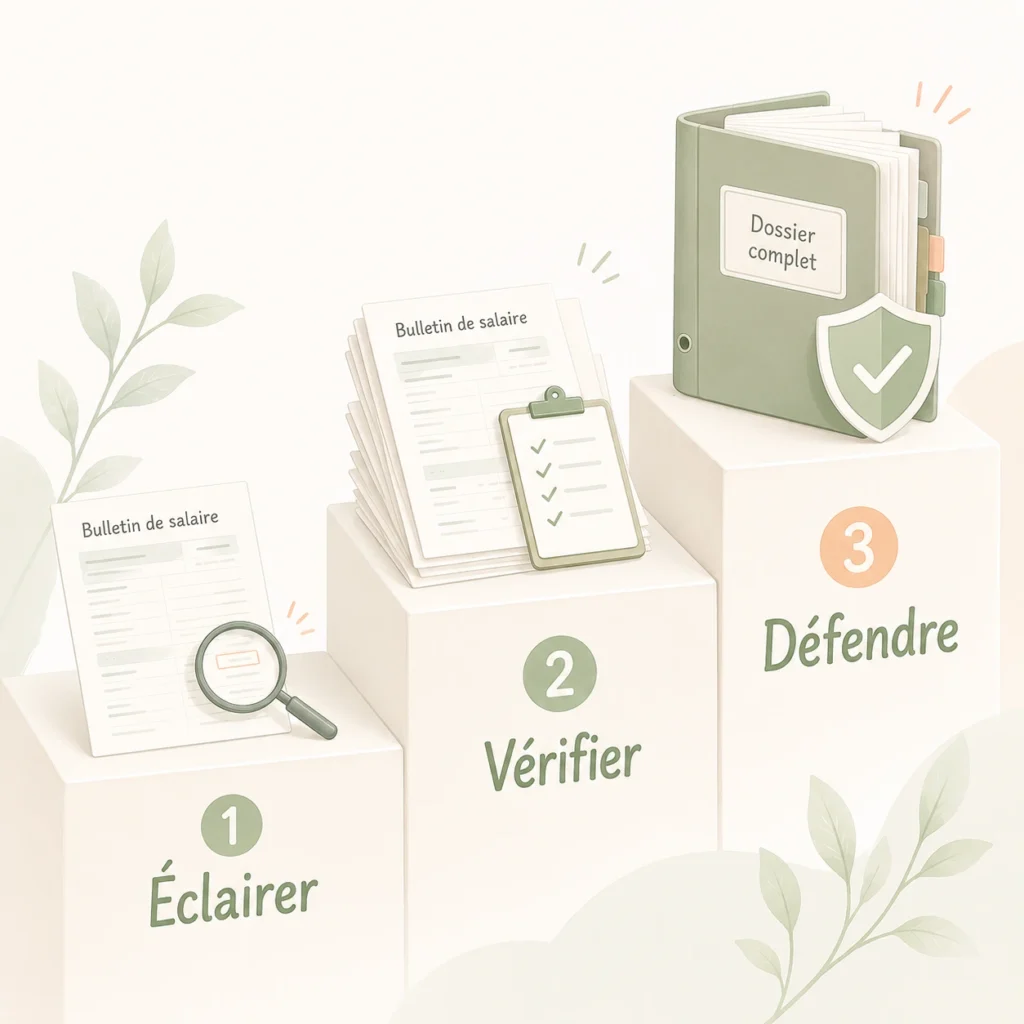 Illustration en trois paliers montrant les trois niveaux d’analyse paie : Éclairer, Vérifier et Défendre.