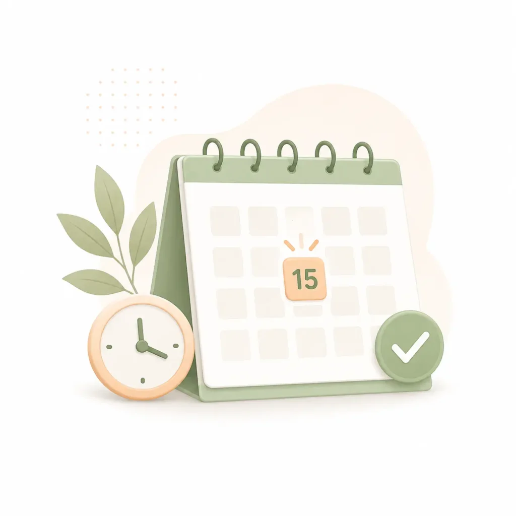 Illustration d’un calendrier avec une date mise en avant, une horloge et un symbole de validation pour représenter la prise de rendez-vous.