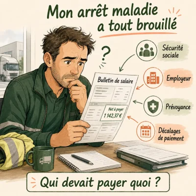 Illustration manga d’un homme d’une quarantaine d’années, dans le secteur du transport, qui regarde son bulletin de salaire après un arrêt maladie avec confusion entre Sécurité sociale, employeur, prévoyance et décalages de paiement.