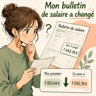 Illustration manga d’une salariée qui compare son bulletin de salaire avec le mois précédent et constate une baisse de son net à payer.