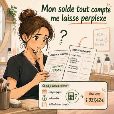Illustration manga d’une esthéticienne qui examine son bulletin final et son solde de tout compte avec un air perplexe.