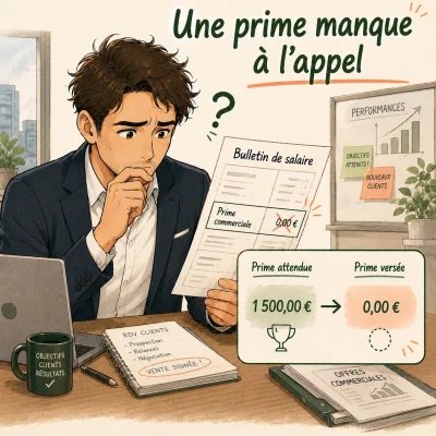 Illustration manga d’un cadre commercial qui examine son bulletin de salaire et constate qu’une prime attendue n’a pas été versée.